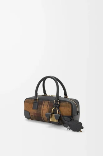 Bolso Amazona 23 recortado en ante tartán y piel de becerro napa marrón claro/negro