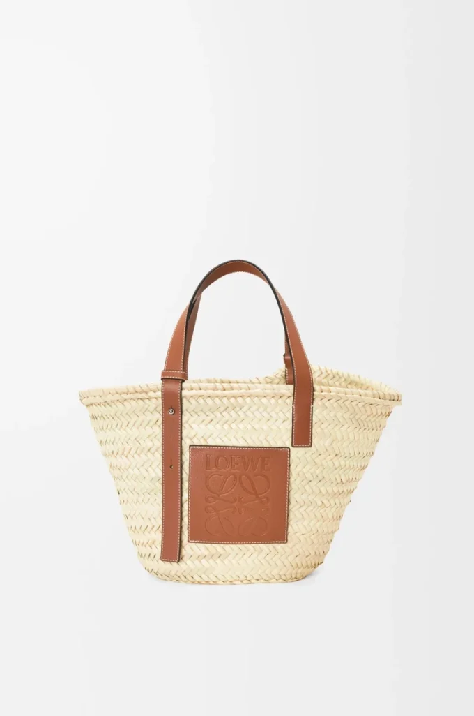 Bolso Basket en hoja de palma y piel de becerro Natural/Tan