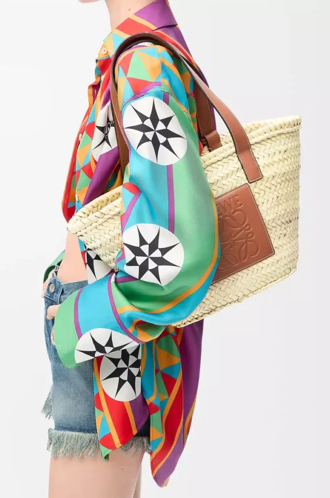 Bolso Basket en hoja de palma y piel de becerro Natural/Tan