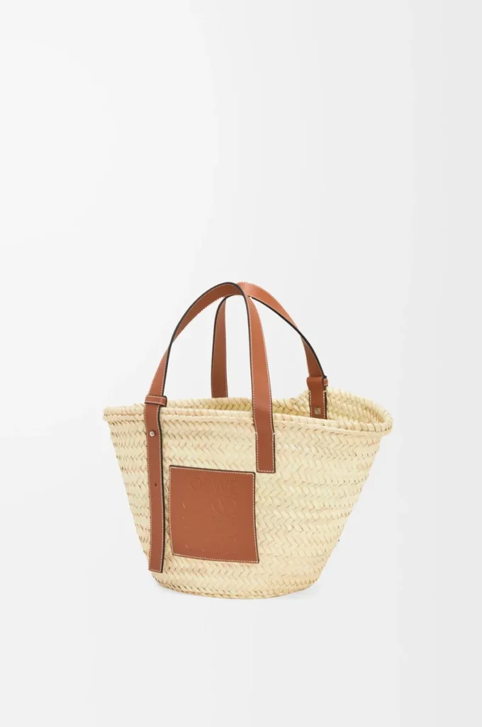 Bolso Basket en hoja de palma y piel de becerro Natural/Tan