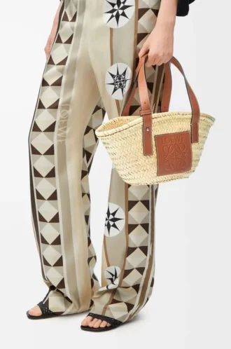 Bolso Basket pequeño en hoja de palma y piel de becerro Natural/Marrón claro