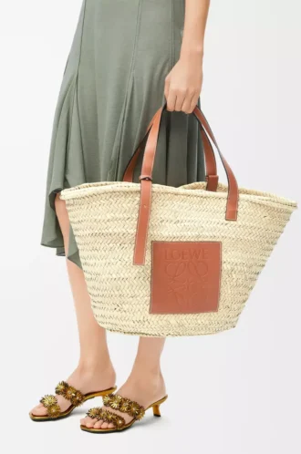 Bolso Classic Basket grande en hoja de palma y piel de becerro Natural/Tan
