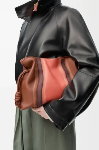 Bolso de mano Flamenco Landscape mediano en piel de becerro napa Pecan/Parrot Pink