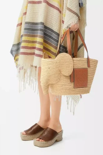 Bolso Elephant Basket en rafia y piel de becerro Natural/Tan