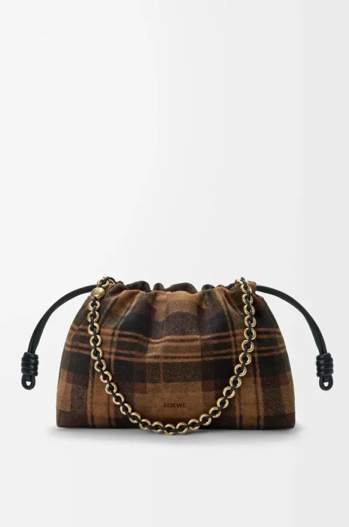 Bolso Flamenco mediano en ante tartán marrón claro/negro Bolso Flamenco mediano en ante tartán marrón claro/negro