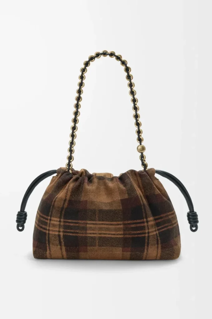 Bolso Flamenco mediano en ante tartán marrón claro/negro Bolso Flamenco mediano en ante tartán marrón claro/negro
