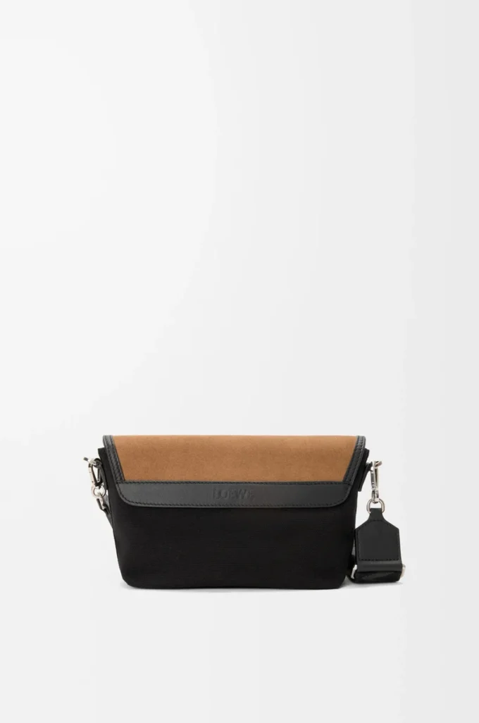 Bolso mensajero Mini Flex en lona y ante Negro/Oro oscuro Bolso mensajero Mini Flex en lona y ante Negro/Oro oscuro