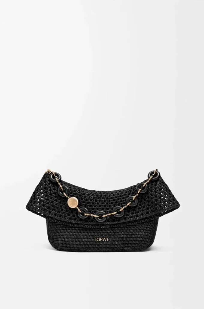 Bolso Ola mediano en rafia y piel de becerro Negro Bolso Ola mediano en rafia y piel de becerro Negro