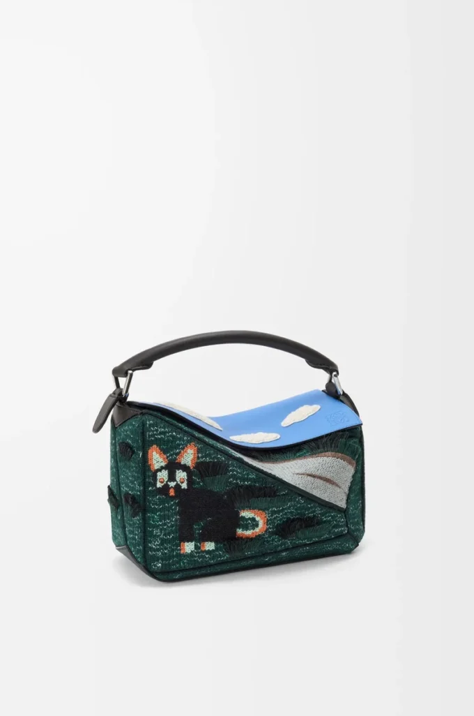 Bolso Puzzle Cat pequeño futurista en punto bordado y piel de becerro clásica Multicolor Verde Bolso Puzzle Cat pequeño futurista en punto bordado y piel de becerro clásica Multicolor Verde