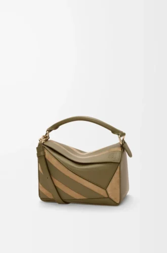 Bolso Puzzle pequeño en piel de becerro clásica y ante Oliva/Dorado