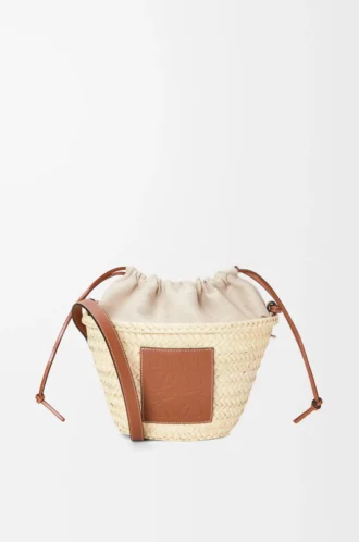 Bolso tipo cubo con cordón de palma y piel de becerro Natural/Tan