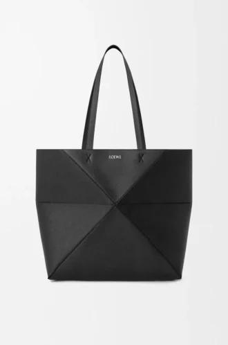 Bolso tote Puzzle Fold mediano horizontal en piel de becerro granulada suave, color negro