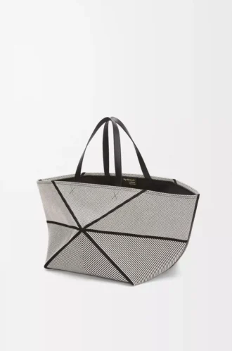 Bolso tote Puzzle Fold XXL en lona jacquard y piel de becerro Natural/Negro