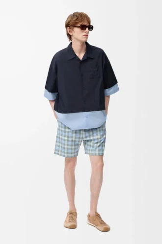 Camisa de manga corta de algodón azul marino oscuro/azul claro