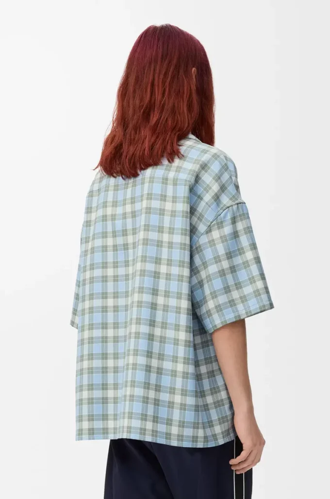 Camisa de manga corta en mezcla de lana azul claro/blanco Camisa de manga corta en mezcla de lana azul claro/blanco