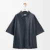 Camisa de manga corta en piel de cordero napa azul marino oscuro Camisa de manga corta en piel de cordero napa azul marino oscuro