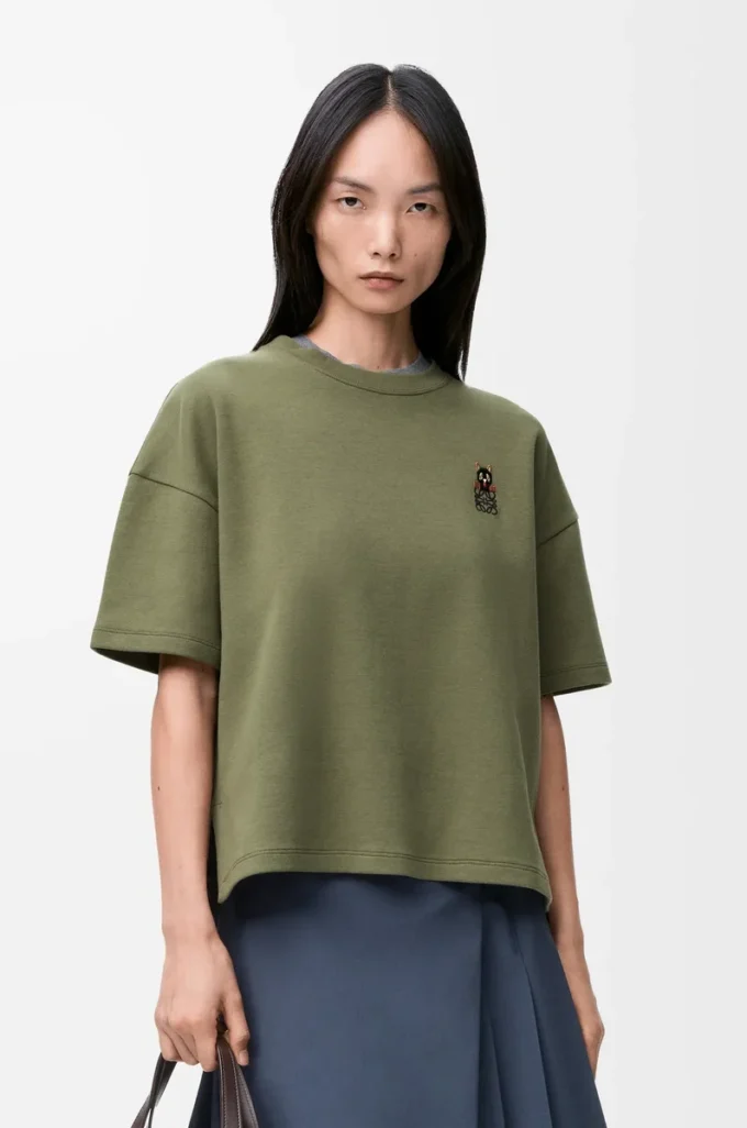 Camiseta de corte recto en mezcla de algodón Verde caqui Camiseta de corte recto en mezcla de algodón Verde caqui
