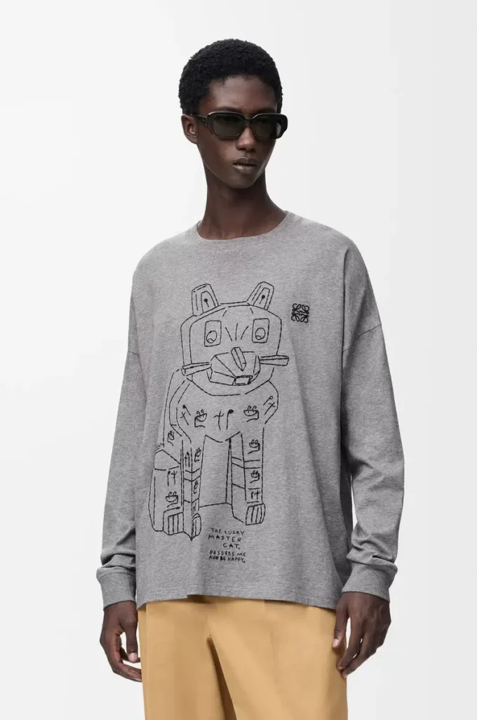 Camiseta de manga larga de algodón gris jaspeado Camiseta de manga larga de algodón gris jaspeado