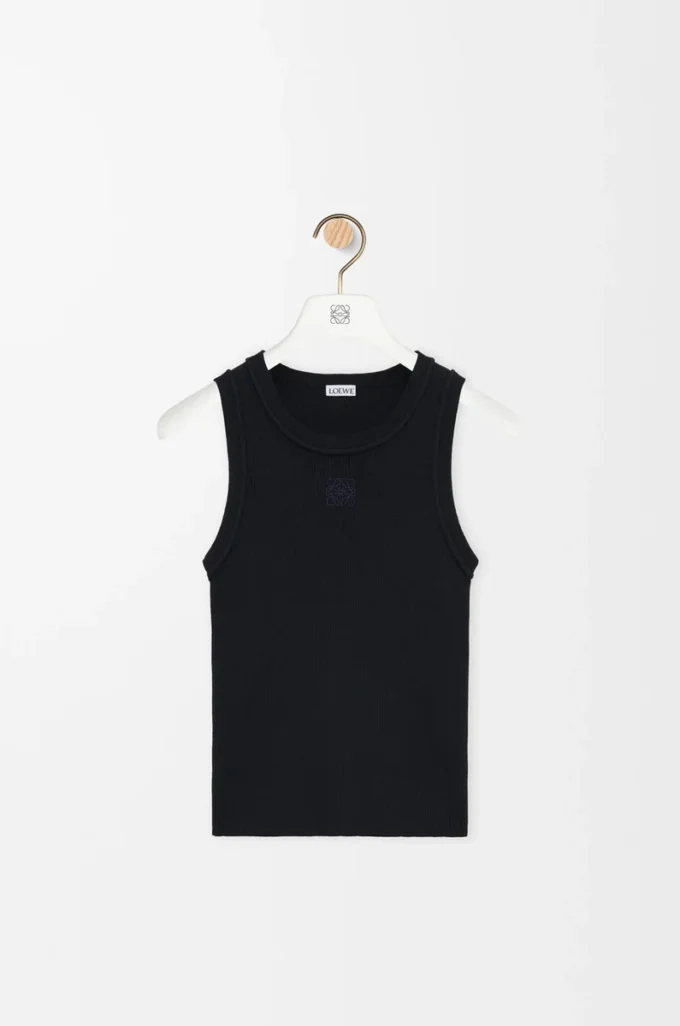 Camiseta sin mangas con anagrama en viscosa elástica negra Camiseta sin mangas con anagrama en viscosa elástica negra