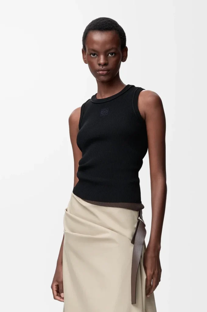 Camiseta sin mangas con anagrama en viscosa elástica negra Camiseta sin mangas con anagrama en viscosa elástica negra