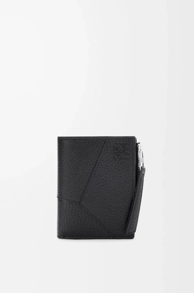 Cartera compacta y delgada Puzzle en piel de becerro granulada flexible. Negro