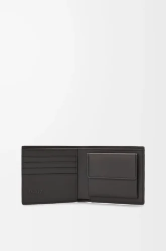 Cartera doble para monedas en piel de becerro clásica texturizada, gris oscuro