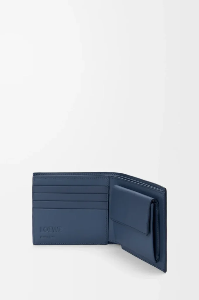 Cartera plegable para monedas en piel de becerro satinada teñida en índigo Cartera plegable para monedas en piel de becerro satinada teñida en índigo