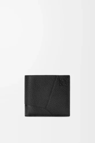 Cartera plegable Puzzle para monedas en piel de becerro granulada flexible, color negro