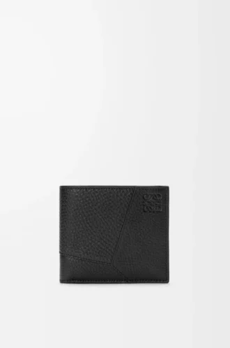 Cartera Puzzle con doble pliegue en piel de becerro granulada flexible, color negro