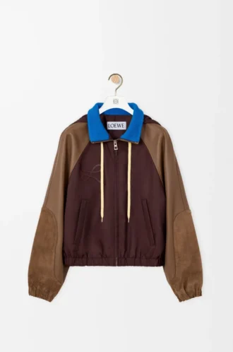 Cazadora bomber de nylon, piel de cordero napa y piel de becerro ante. Marrón