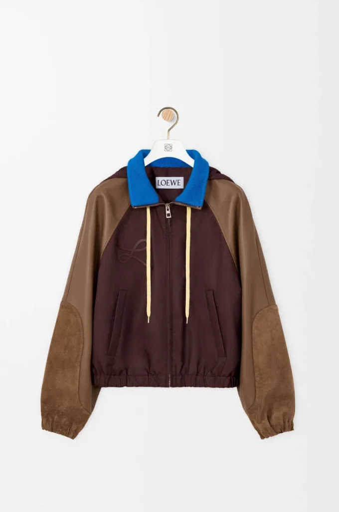 Cazadora bomber de nylon, piel de cordero napa y piel de becerro ante. Marrón Cazadora bomber de nylon, piel de cordero napa y piel de becerro ante. Marrón