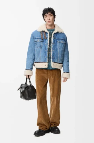 Chaqueta camionera en denim y piel de oveja azul denim