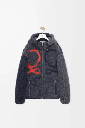 Chaqueta con capucha en mezcla de lana azul marino/naranja