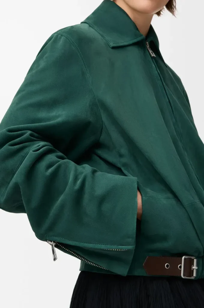 Chaqueta con cinturón de piel de cabra anteada Verde Chaqueta con cinturón de piel de cabra anteada Verde