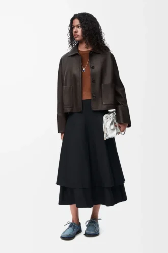 Chaqueta con solapas en piel de cordero napa Marrón