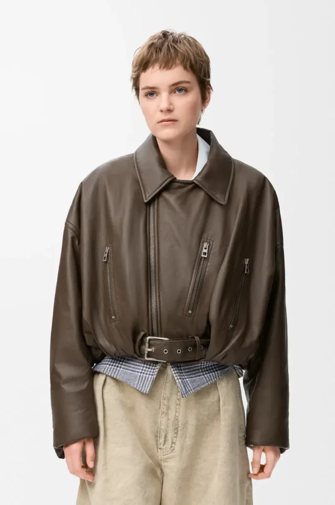 Chaqueta motera de piel de cordero napa verde caqui Chaqueta motera de piel de cordero napa verde caqui
