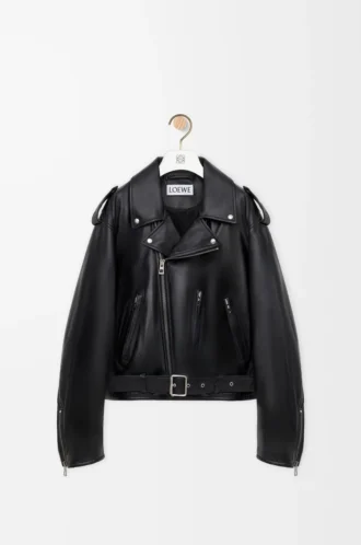 Chaqueta motera en piel de cordero napa. Negro