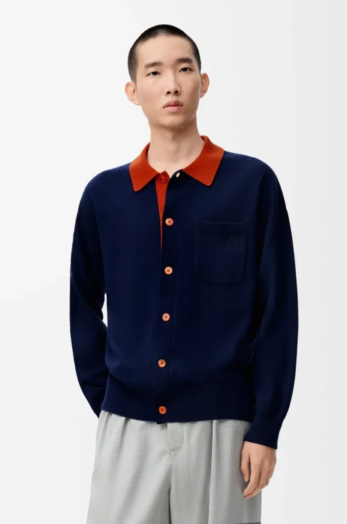 Cárdigan polo de lana azul marino/naranja Cárdigan polo de lana azul marino/naranja