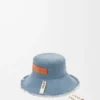 Gorro de pescador deshilachado en denim y piel de becerro Denim azul Gorro de pescador deshilachado en denim y piel de becerro Denim azul