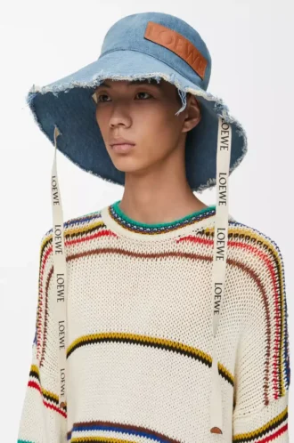 Gorro de pescador deshilachado en denim y piel de becerro Denim azul