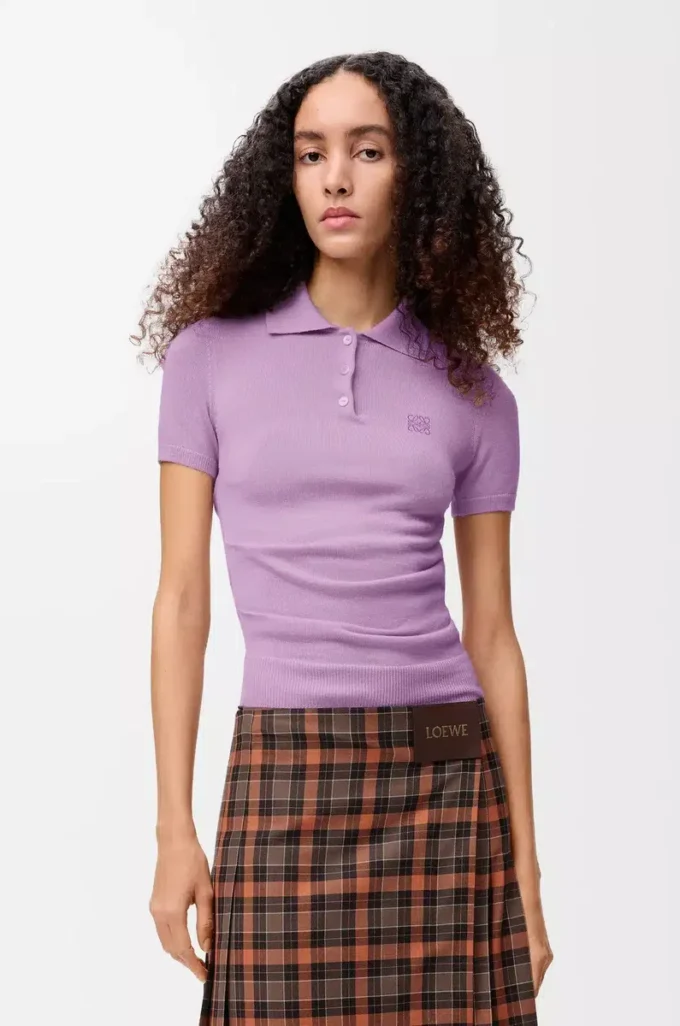 Jersey polo de manga corta en cachemira y seda Lila Jersey polo de manga corta en cachemira y seda Lila