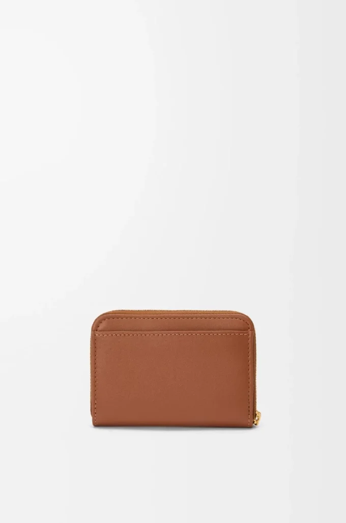Monedero con cremallera en piel de becerro napa brillante color Tan/Papaya