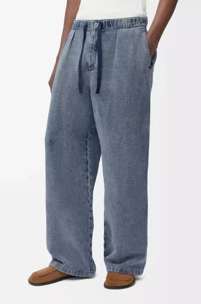 Pantalones con cordón ajustable de algodón y lino Gris azulado Pantalones con cordón ajustable de algodón y lino Gris azulado