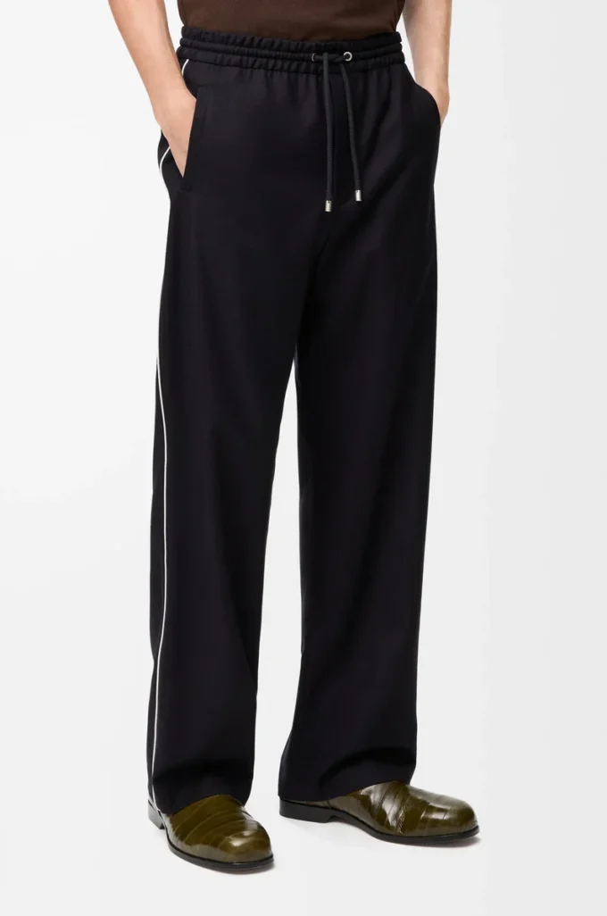Pantalones con cordón ajustable de lana azul marino Pantalones con cordón ajustable de lana azul marino