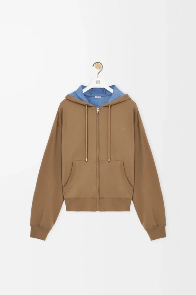 Sudadera con capucha y cremallera en algodón beige/azul Sudadera con capucha y cremallera en algodón beige/azul