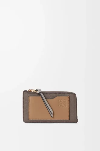 Tarjetero monedero en piel de becerro granulada suave Taupe/Gold