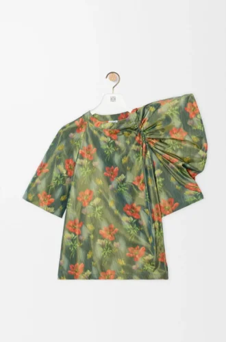 Top drapeado en tafetán de mezcla de seda verde oscuro/rojo