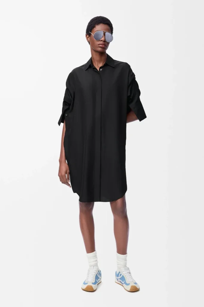 Vestido camisero de seda negro