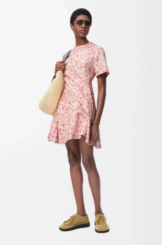 Vestido cruzado de tafetán de mezcla de seda blanco/rosa